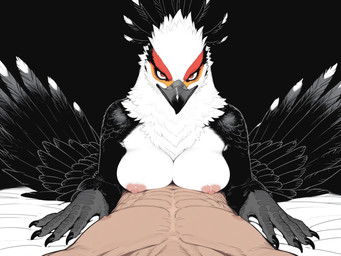 5_fingers abs anthro areola arm_tuft beak bed bed_sheet bedding big_breasts black_beak black_body black_feathers black_fur breast_squish breasts cheek_tuft clawed_hands claws duo eyelashes eyeliner faceless_character faceless_male facial_tuft feathers female female_anthro female_on_top finger_claws fingers first_person_view fur furniture grey_beak grey_body grey_feathers grey_markings grey_scutes head_tuft looking_at_another looking_at_partner low-angle_view lying lying_on_another lying_on_bed lying_on_partner makeup male male/female male_human male_on_bottom male_pov markings mouth_closed multicolored_body multicolored_feathers multicolored_fur muscular muscular_male neck_tuft nipple_dip nipples nude nude_female nude_male on_back on_bed on_bottom on_front on_top paralysis_demon paralyzed pecs pink_areola pink_nipples red_eyes red_markings scuted_hands scutes simple_background squish tuft two_tone_beak two_tone_body two_tone_fur white_body white_fur white_markings winged_arms wings yellow_markings knotanotherfurry accipitriform avian bird human mammal secretary_bird sleep_paralysis_demon hi_res restricted_palette