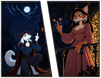 anthro barefoot biped blue_eyes breasts clothing duo feet female fur green_eyes hat headgear headwear inner_ear_fluff moon prick_ears spots spotted_body spotted_fur tuft anonymous_director invoke_high canid canine canis domestic_dog felid feline hunting_dog mammal saluki sighthound hi_res