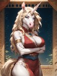 annoyed_expression anthro armband big_breasts blonde_hair blue_eyes bracelet breasts clothed clothing crossed_arms dress female fur hair horn jewelry leaf long_hair looking_at_viewer necklace palace plant sash solo unicorn_horn white_body white_fur langri mirage_(langri) equid equine horse mammal unicorn hi_res