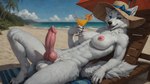 alcohol animal_genitalia animal_penis anthro balls beach beverage big_breasts big_penis breasts canine_genitalia canine_penis clothing cocktail fur genitals gynomorph hat headgear headwear intersex knot looking_at_viewer nipples nude outdoors outside penis presenting seaside smile solo sunbed white_body huskeyking arctic_wolf canid canine canis mammal wolf hi_res