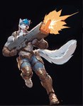 abs animal_ears black_background blue_hair bottomwear clothing denim fur gloves grey_body grey_fur gun hair handwear holding_gun holding_object holding_weapon male male_focus muscular muscular_male pants pecs ranged_weapon rifle running shooting short_hair simple_background solo weapon wolf_ears wolf_tail thebigbradwulf brad_wulf_(thebigbradwulf) canid canine canis mammal wolf full-length_portrait hi_res portrait