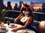 alcohol anthro beverage canid canine clothed clothing dress female food fox fur green_eyes hair hi_res jewelry looking_at_viewer mammal mercrantos necklace outside red_body red_fur red_hair smile solo wine
