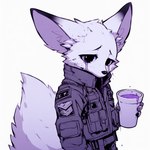 anthro armor beverage big_ears body_armor canid canine clothed clothing container cup dipstick_ears disposable_cup drugs facial_markings fennec flak_jacket fox fur head_markings holding_beverage holding_cup holding_disposable_cup holding_object inner_ear_fluff lean_(beverage) looking_at_viewer lucifluffy male mammal markings military_uniform multicolored_ears simple_background solo tail techwear tuft uniform white_body white_fur wilek