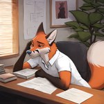 anthro arm_support book bored chair formal_clothing furniture hand_on_head inside leaning leaning_forward male office on_chair paper plant sitting sitting_on_chair solo window exotter_(director) canid canine fox mammal