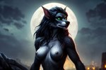 anthro big_breasts black_body black_fur blizzard_entertainment breasts canid canine female front_view full_moon fur green_eyes kauket kauket_blackmoore mammal moon nipples nude outside solo warcraft were werecanid werecanine worgen world_of_warcraft