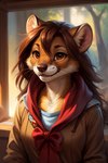 anthro brown_body brown_clothing brown_eyes brown_fur brown_hair clothed clothing female fur hair jacket long_hair looking_at_viewer neckscarf plant red_clothing small_ears solo topwear tree whiskers white_body white_fur window mindry herpestid mammal mongoose