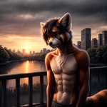 abs anthro athletic black_hair black_nose blue_eyes bottomwear bridge brown_body brown_fur brown_nipples cheek_tuft chest_tuft city cityscape clothed clothing cloud detailed_fur detailed_lighting evening facial_tuft fur glistening hair inner_ear_fluff lake looking_away male markings navel nipples orange_body orange_fur outside pants park pecs plant public railing raining realistic realistic_fur sad skinny skyline skyscraper solo standing striped_markings striped_tail stripes sunset tail_markings topless tree tuft water wet wet_body wet_fur wet_hair white_body white_fur worried argon-42 ailurid mammal red_panda detailed half-length_portrait hi_res portrait