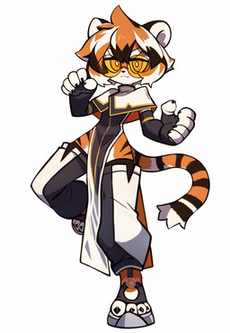 anthro armwear brown_body brown_fur brown_hair claws clothing elbow_gloves eyebrows eyewear female fingerless_gloves fur glasses gloves hair handwear multicolored_body multicolored_fur multicolored_hair on_one_leg orange_body orange_eyes orange_fur orange_hair short_hair simple_background smile smiling_at_viewer solo standing tail white_body white_fur white_hair g62848 arknights waaifu_(arknights) felid mammal pantherine tiger hi_res