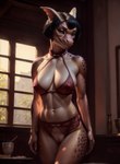 anthro asian_clothing black_hair breasts brown_eyes building clothing east_asian_clothing female genitals hair hi_res house kobold lingerie looking_at_viewer marcus64 navel nipple_outline non-mammal_breasts pussy red_body scalie solo standing