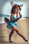 aisha anthro beach black_hooves brown_hair cervid clothed clothing cub dessert dress female food hair hi_res hooves ice_cream licking looking_at_viewer mammal outside sea seaside solo tail teal_eyes tongue tongue_out venison venisoncreampie water young