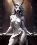 anthro auykac bar blue_eyes canid clothed clothing dress female flashing fur genitals hair hi_res mammal partially_clothed pussy silver_hair solo white_body white_fur