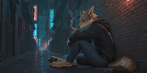 alley anthro barefoot biped black_clothing black_nose black_pawpads bottomwear brown_body brown_fur cigarette city claws clothed clothing detailed_background feet fingers fur holding_cigarette holding_object hoodie inner_ear_fluff male neon_sign night outside pants pawpads sign sitting smoke smoking solo tail text toe_claws toes topwear tuft vittelbone_director canid canine canis coyote mammal hi_res