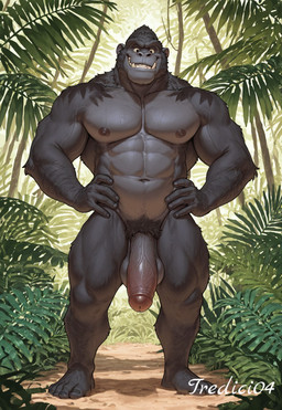 black_body genitals hairy jungle male muscular muscular_arms muscular_male penis smile smiling_at_viewer solo vein veiny_penis tredici04 ape gorilla haplorhine humanoid mammal primate hi_res