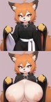 ahoge anthro areola bedroom_eyes big_areola big_breasts breasts canid canine clothed clothing exposed_breasts female fox genny hair huge_breasts hyper hyper_breasts looking_at_viewer mammal narrowed_eyes nipples open_mouth open_smile orange_eyes orange_hair pose presenting puffy_nipples quantum_mechanics robe seductive short_stack simple_background slim smile solo