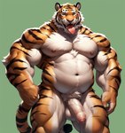 anthro balls body_hair claws foreskin genitals green_background half-erect male musclegut muscular muscular_male nipples penis red_eyes simple_background smile solo thick_penis tongue tongue_out vein veiny_arm veiny_penis simplyai felid mammal pantherine tiger