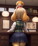 anthro bell bottomless bottomless_female bottomwear butt butt_focus clothed clothing desk female furniture genitals pen pussy skirt solo table director_lerrmot animal_crossing nintendo isabelle_(animal_crossing) canid canine canis domestic_dog mammal hi_res