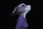 2024 anthro black_background breasts clothing ears_down eyebrows female grey_body medium_breasts pivoted_ears purple_clothing purple_eyes purple_shirt purple_topwear raised_eyebrows raised_head shirt side_view simple_background smile solo topwear zootopia 8747928hp judy_hopps lagomorph leporid mammal rabbit bust_portrait portrait