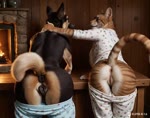 animal_genitalia animal_pussy anthro anus bedroom_eyes bent_over black_body black_fur bottomwear bottomwear_down breasts butt butt_grab cabin canine_pussy cat_tail clothed clothing detailed_background dialogue dog_tail duo duo_focus female female/female fire fireplace fur furniture genitals group hand_on_butt inside inviting light looking_at_viewer looking_back looking_back_at_viewer narrowed_eyes pajamas pants pants_down partially_clothed petting photorealism photorealistic presenting presenting_anus presenting_hindquarters presenting_pussy pussy raised_(disambiguation) raised_tail realism realistic realistic_animation realistic_fur realistic_genitalia realistic_lighting seductive shirt shirtless smile spread_butt spread_pussy spreading stripes table tongue tongue_out topwear touching_partner yellow_body yellow_fur unknown_director canid canine canis domestic_cat domestic_dog felid feline felis german_shepherd herding_dog mammal pastoral_dog invalid_tag tail animated colored detailed webm