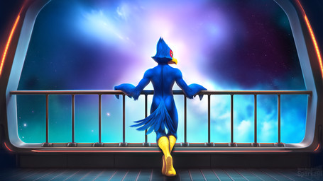 anthro beak biped blue_body blue_feathers butt casual_nudity feathers feet galaxy green_eyes male male_anthro nude railing rear_view scuted_legs scutes solo space standing star tail tail_feathers telegram telegram_logo text toes yellow_beak yellow_scutes sergalbutt nintendo star_fox falco_lombardi avian bird director_name hi_res signature url