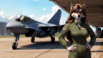 aircraft anthro blue_eyes brown_body brown_fur brown_hair clothed clothing detailed_background female fur hair hands_on_hips jumpsuit looking_at_viewer smile smirk solo solo_focus vehicle white_body white_fur doc_(director) canid canine canis mammal wolf 16:9 hi_res portrait three-quarter_portrait widescreen