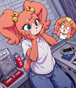 1990s anthro baggy_pants chibi clothing eyelashes female fluffy hand_on_cheek low-angle_view sega shirt solo solo_focus t-shirt topwear holo_(director) lagomorph leporid mammal rabbit absurd_res hi_res