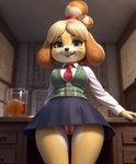 anthro bell beverage bottomless bottomwear breasts clothed clothing container cup cute_expression desk female furniture genitals glass glass_container glass_cup leaning_on_table pussy skirt smile solo table director_lerrmot animal_crossing nintendo isabelle_(animal_crossing) canid canine canis domestic_dog mammal hi_res