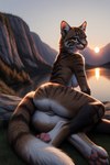 absurd_res anthro big_breasts breasts butt felid female fur furtasticv20_(model) game0ne genitals hi_res light lighting looking_at_viewer looking_back mammal nude outside pantherine paws presenting pussy rear_view smile solo stable_diffusion sunset teasing