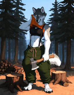 4_toes abs anthro athletic athletic_anthro athletic_female axe barefoot black_nose bottomwear bra breasts claws clothed clothing detailed_background digitigrade feet female finger_claws fingers forest fur grass green_bottomwear green_clothing green_pants grey_body grey_fur holding_axe holding_object log looking_at_viewer melee_weapon multicolored_body multicolored_fur muscular muscular_female nature navel open_mouth outside pants paws plant shirt solo sports_bra standing tail teeth toe_claws toes topwear tree tuft two_tone_body two_tone_fur underwear weapon white_body white_fur wood anotheranon canid canine canis mammal wolf absurd_res hi_res