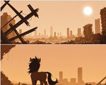 ambiguous_gender black_hair border brown_body building city day detailed_background feral fur hair male multi_panel outside post-apocalyptic quadruped rear_view ruins sky solo standing sun white_border aphid butterwolf my_little_pony earth_pony equid equine horse mammal pony comic