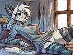 anthro bed bedroom blue_eyes blush clothed clothing featureless_crotch female fur furniture hair legwear lying lying_on_bed on_back on_bed paws solo spread_legs spreading stockings white_body milkthefox milk_(milkthefox) arctic_fox canid canine fox mammal