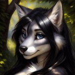 absurd_res anthro black_hair blue_eyes canid canine canineluvr19 canis chest_tuft close-up ear_tuft facial_tuft female forest fur grey_body grey_fur hair hi_res mammal outside plant solo tree tuft wolf