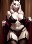 absurd_res anthro big_breasts bovid bra breasts caprine clothed clothing clothing_lift clothing_pull deltarune female fur garter_belt garter_straps goat hi_res horn legwear mammal mother navel panties parent presenting purple_eyes robe severin018 solo solo_focus thick_thighs thigh_highs toriel undertale_(series) underwear white_body white_fur wide_hips