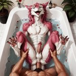 abs anal anal_penetration anthro bathing bathroom bathtub duo erection first_person_view flower fur genitals holding_both_legs human_on_anthro human_penetrating humanoid_genitalia humanoid_penis inside interspecies looking_at_another looking_at_viewer looking_pleasured lying male male/male on_back open_mouth partially_submerged paws penetration penis pink_body pink_fur plant plant_pot raised_leg romantic spread_legs spreading stable_diffusion teeth vein veiny_penis water aurugy human mammal sergal detailed digital_drawing_(artwork) digital_media_(artwork) hi_res