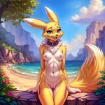 anthro attempted_signature beach breasts cejekt collar digimon_(species) female fluffy_fur fur genitals nude pussy renamon seaside skinny small_breasts solo standing yellow_body yellow_fur