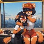 annoyed anthro apron arm_around_neck bottomwear city cityscape clothing duo female food gym_bottomwear gym_clothing gym_shorts hand_on_head hat headgear headwear shorts teeth teeth_showing window anonymous_director hi_res