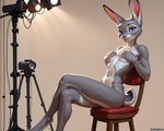anthro athletic breasts camera chair covering covering_breasts crossed_legs disney female fur furniture hand_on_breast looking_at_viewer nude photo_shoot slim small_breasts smile solo studio tall ivorymane zootopia judy_hopps lagomorph leporid mammal rabbit watermark