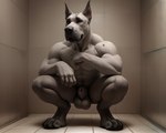 abs animal_genitalia anthro balls biceps crouching floor fluffy_balls fur genitals male paws sheath short_fur solo tile tile_floor tile_wall wall_(structure) white_body white_fur royal_wolf_(director) canid canine canis domestic_dog great_dane mammal mastiff molosser wolf absurd_res hi_res monochrome