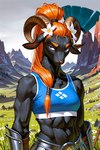 accessory anthro armor axe black_body black_fur blue_eyes blue_top female flower flower_in_hair fur hair hair_accessory horn melee_weapon mountains muscular muscular_female orange_hair plant solo valley weapon unknown_director brita_eng bovid caprine goat mammal