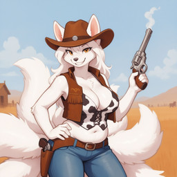 animal_print belt belt_buckle big_breasts black_nose blue_bottomwear blue_clothing blue_pants bottomwear breasts brown_belt buckle chaps chest_tuft chubby_female cleavage clothed clothing cloud cow_print cowboy_hat day denim denim_bottomwear denim_clothing detailed_background eyebrows eyelashes female fingers fur grin gun hair hand_on_hip handgun hat headgear headwear holding_gun holding_handgun holding_object holding_weapon holster jeans long_hair looking_at_viewer midriff multi_tail navel orange_eyes outside pants pattern_clothing ranged_weapon revolver sky slightly_chubby smile smiling_at_viewer solo standing tail topwear tuft vest weapon white_body white_fur white_hair yellow_eyes verbotenvertex canid canine fox mammal absurd_res hi_res portrait shaded three-quarter_portrait