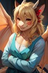 amber_eyes anthro auroura blonde_hair clothing dress female hair horn smile solo wings mindry canid canine canis dragon hybrid mammal wolf