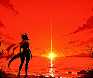anthro bright_colors butt female looking_at_viewer looking_back nude presenting rear_view red_sky scarf sea sky solo sunset water anonymous_director kobold scalie hi_res restricted_palette
