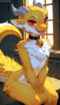 ambiguous_gender anthro bell bell_collar blush cheek_tuft chest_tuft collar facial_tuft fangs fluffy fur horn inside looking_at_viewer male_(lore) multicolored_body multicolored_fur red_eyes sitting solo tail_tuft thigh_tuft tongue tongue_out tuft two_tone_body two_tone_fur two_tone_tail white_body white_fur window yellow_body yellow_fur kaltingale_(director) furred_kobold kobold hi_res