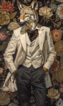 andromorph anthro belt clothing floral_background intersex shirt slacks solo suit topwear yellow_eyes bahufaru thomas_doyle_(bahufaru) canid canine canis coyote mammal hi_res