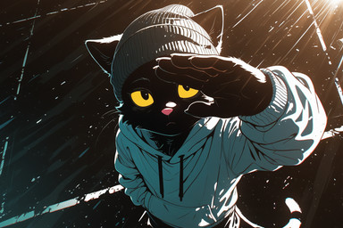 anthro beanie black_body black_fur clothed clothing face_focus fur hat headgear headwear high-angle_view looking_at_viewer male pink_nose raised_hand solo standing tail topwear yellow_sclera kbi suscat domestic_cat felid feline felis humanoid mammal