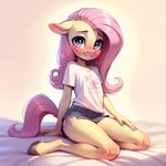 anthro attempted_cutie_mark bed blush bottomwear clothing cub equid equine female fluttershy_(mlp) foxlover7796 furniture horse mammal miniskirt my_little_pony pony shirt sitting skirt solo t-shirt topwear young