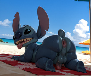 all_fours anthro anus beach big_butt blue_body blue_fur blue_sky bodily_fluids butt cloud feet fur genitals humanoid_genitalia humanoid_penis looking_back male notched_ear nude open_mouth penis rear_view sand sea seaside short_tail sky solo sweat teeth tongue tongue_out water thetrueliamay disney lilo_and_stitch stitch_(lilo_and_stitch) alien experiment_(lilo_and_stitch) absurd_res hi_res