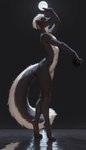ambiguous_gender anthro black_body black_fur claw_nails countershade_torso countershading digitigrade eyes_closed fluffy fluffy_tail fur hair inner_ear_fluff moon navel side_view simple_background smile solo standing tile tuft undercut white_body white_fur white_hair ilmpbx bailey_(ilmpbx) mammal mephitid skunk absurd_res hi_res signature