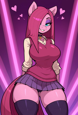 <3 anthro bedroom_eyes blue_eyes bottomwear breasts clothing collar eyelashes eyeshadow female hair inside legwear looking_at_viewer makeup narrowed_eyes panties pink_body pink_hair school_uniform seductive skirt solo standing stockings straight_hair sweater tail thick_thighs topwear underwear uniform thefuncave friendship_is_magic my_little_pony pinkie_pie_(mlp) hi_res