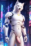 anthro athletic black_nose canid canine canis cybernetics cyberpunk cyborg fur genitals humanoid_genitalia humanoid_penis machine male mammal outside penis smiley solo white_body white_fur wolf yellow_eyes