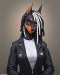 anthro black_body black_clothing black_fur black_hair black_jacket black_nose black_topwear breasts brown_body brown_fur clothed clothing countershading dreadlocks ear_piercing ear_ring eyebrows eyelashes facial_piercing female fur grey_background hair heart_symbol jacket leather leather_clothing leather_jacket leather_topwear looking_at_viewer markings multicolored_body multicolored_fur multicolored_hair narrowed_eyes open_clothing open_jacket open_topwear piercing pockets purple_eyes ring_piercing shirt simple_background smile smiling_at_viewer solo topwear two_tone_body two_tone_fur two_tone_hair white_clothing white_hair white_shirt white_topwear zipper aphid butterwolf canid canine canis dobermann domestic_dog mammal pinscher attempted_signature half-length_portrait hi_res portrait